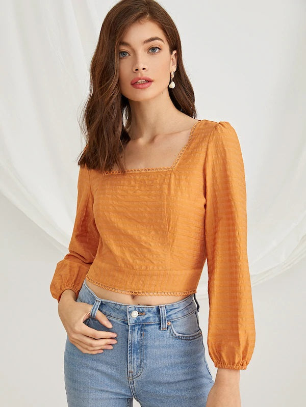 CM-TS709728 Women Trendy Seoul Style Open Back Square Neck Solid Top - Orange