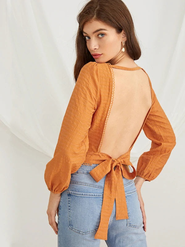 CM-TS709728 Women Trendy Seoul Style Open Back Square Neck Solid Top - Orange