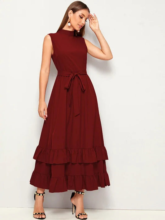 CM-DS701812 Women Elegant Seoul Style Mock-Neck Layered Ruffle Hem Self Belted Dress - Wine Red