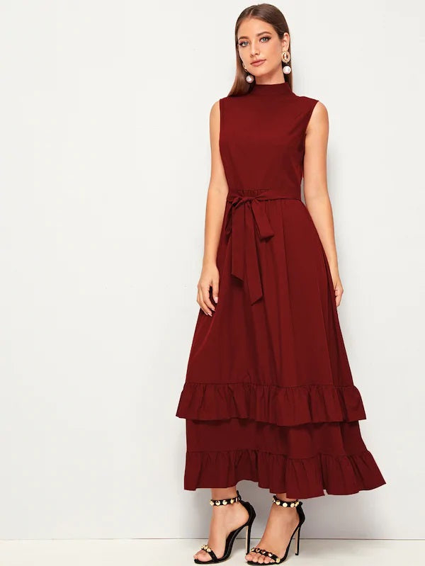 CM-DS701812 Women Elegant Seoul Style Mock-Neck Layered Ruffle Hem Self Belted Dress - Wine Red