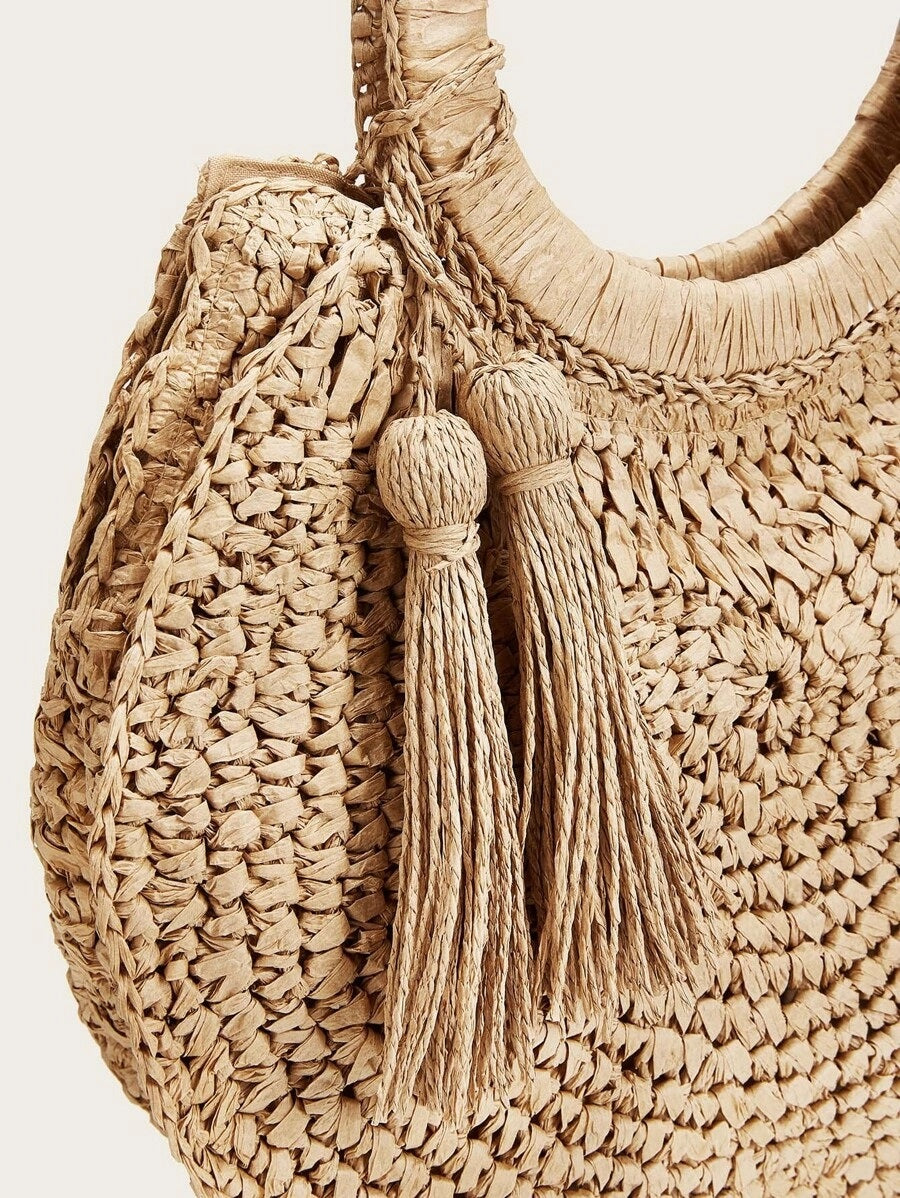 CM-BGS709223 Women Trendy Bohemian Style Tassel Decor Woven Tote Bag