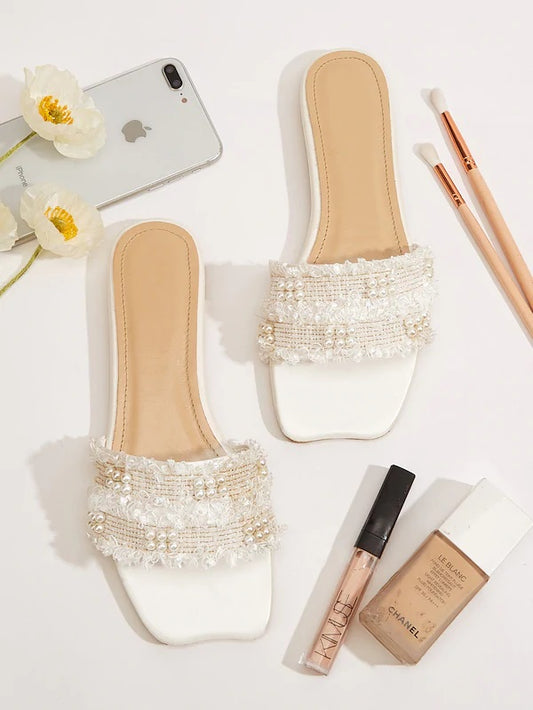 CM-SHS709272 Women Casual Seoul Style Faux Pearl Decor Flat Sliders - White