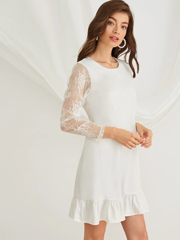CM-DS711213 Women Elegant Seoul Style Contrast Lace Ruffle Hem Chiffon Dress - White