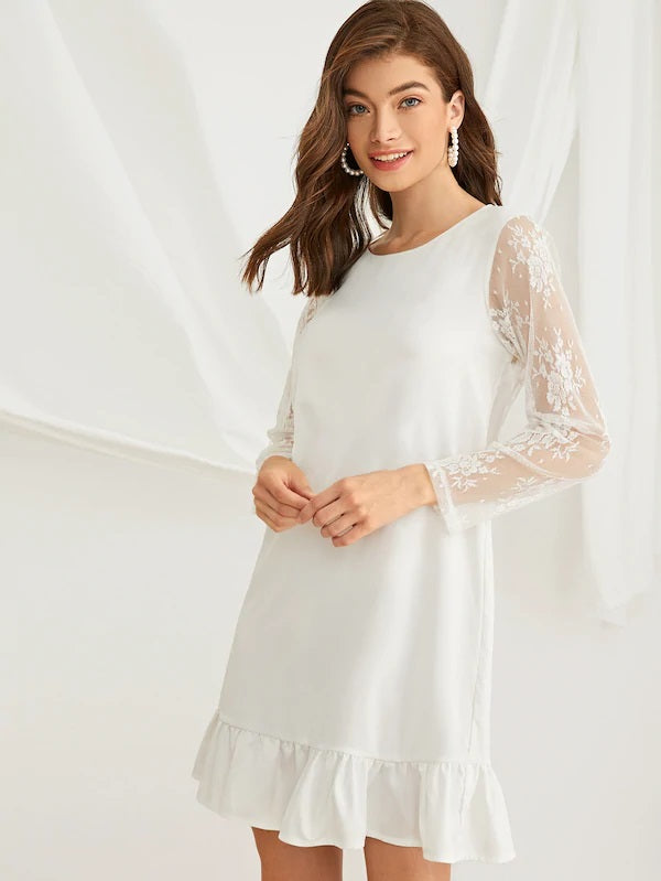CM-DS711213 Women Elegant Seoul Style Contrast Lace Ruffle Hem Chiffon Dress - White