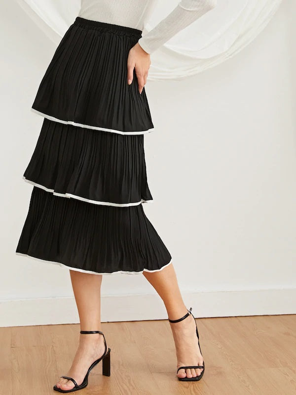 CM-BS711061 Women Elegant European Style High Waist Layered Hem Pleated Skirt - Black