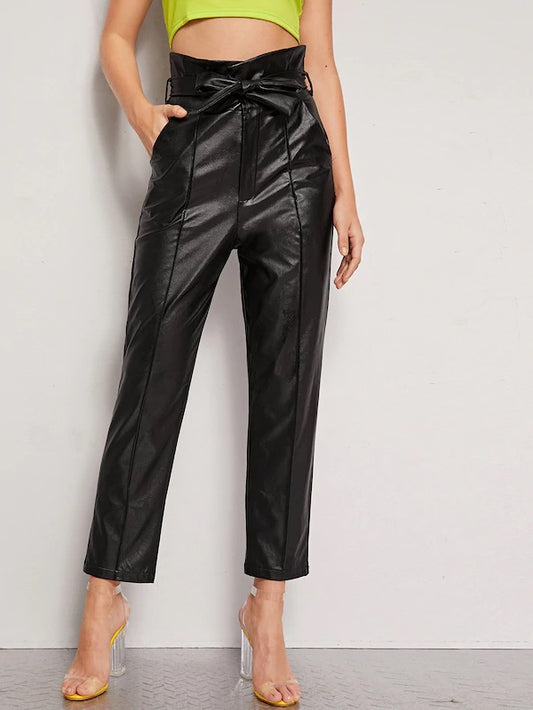 CM-BS712498 Women Casual Seoul Style Paperbag High Waist Belted PU Long Pants - Black