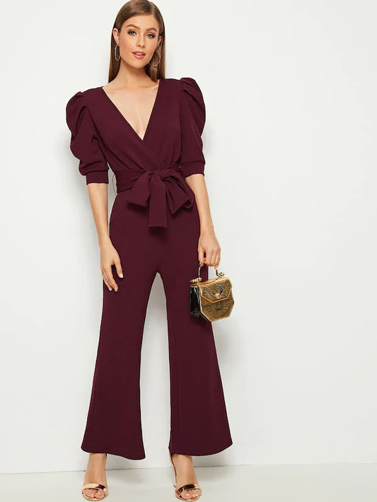 CM-JS627563 Women Elegant Seoul Style Plunging Neck Puff Sleeve Flare Leg Belted Jumpsuit - Wine Red