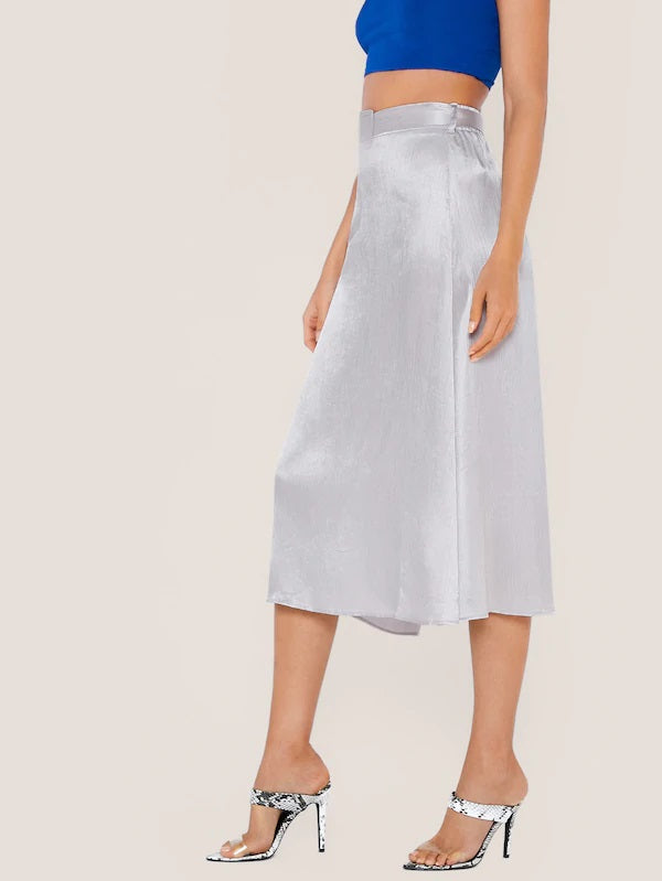 CM-BS627370 Women Trendy Seoul Style High Waist Adjustable Belt Satin Midi Skirt - Gray