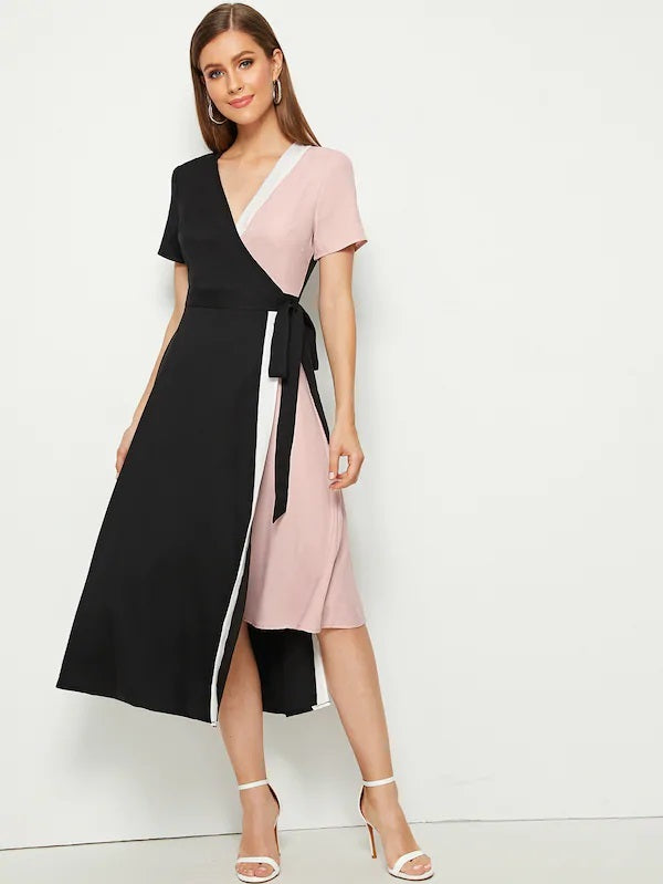 CM-DS712045 Women Elegant Seoul Style Short Sleeve Asymmetrical Wrap Hem Belted Dress