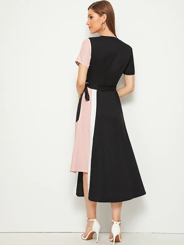 CM-DS712045 Women Elegant Seoul Style Short Sleeve Asymmetrical Wrap Hem Belted Dress
