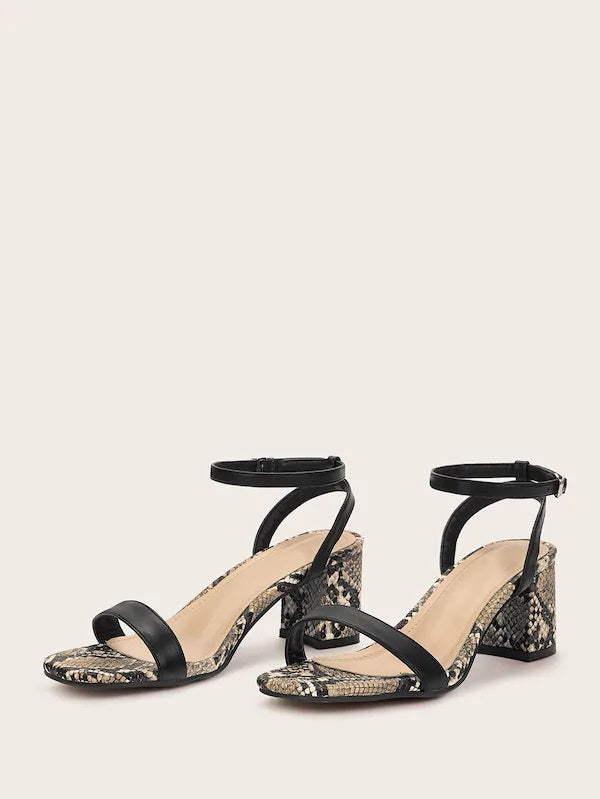 CM-SHS712078 Women Trendy Seoul Style Ankle Strap Snakeskin Chunky Heels - Black