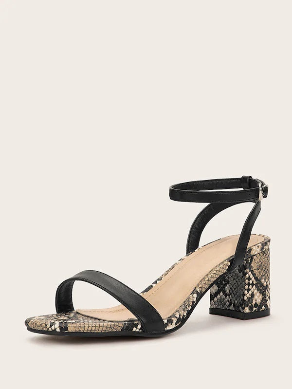 CM-SHS712078 Women Trendy Seoul Style Ankle Strap Snakeskin Chunky Heels - Black