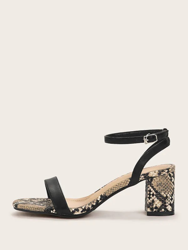 CM-SHS712078 Women Trendy Seoul Style Ankle Strap Snakeskin Chunky Heels - Black