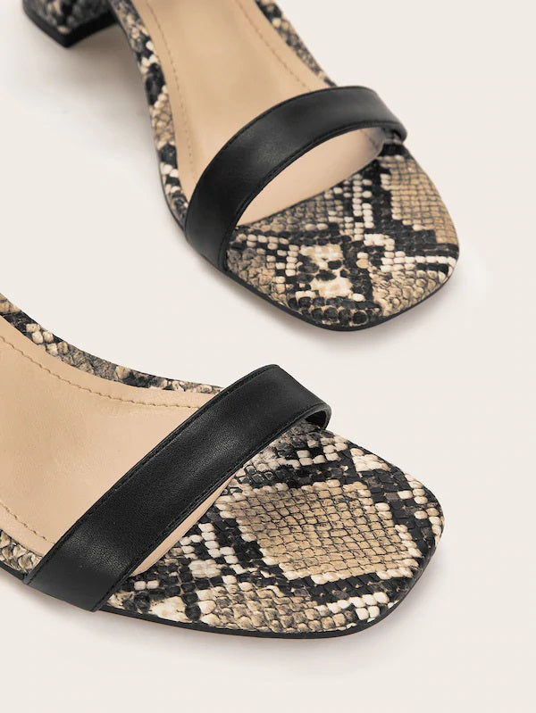 CM-SHS712078 Women Trendy Seoul Style Ankle Strap Snakeskin Chunky Heels - Black