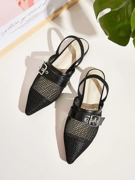 CM-SHS712142 Women Elegant European Style Point Toe Buckle Decor Mesh Flats - Black