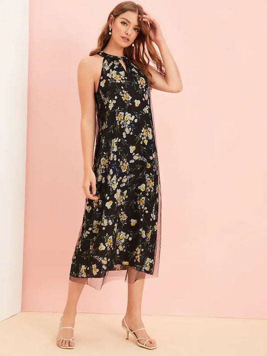 CM-DS715025 Women Casual Seoul Style Sleeveless Contrast Mesh Floral Print Dress - Black