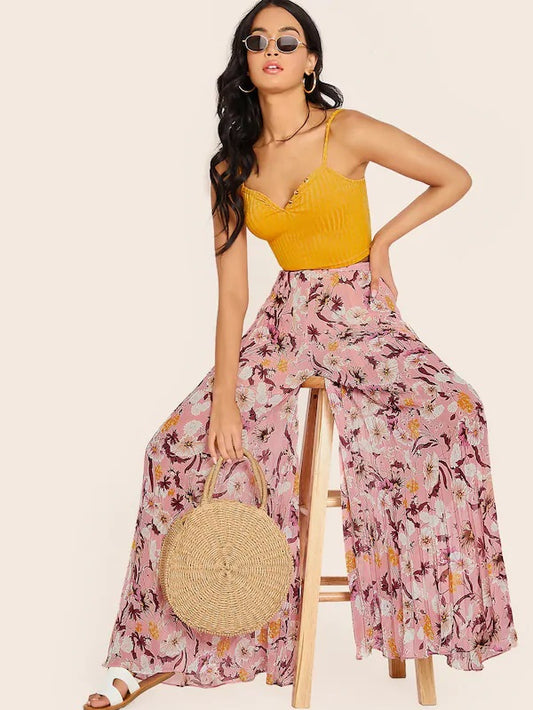 CM-BS624069 Women Casual Seoul Style Floral Print High Waist Pleated Wide Leg Pants - Pink