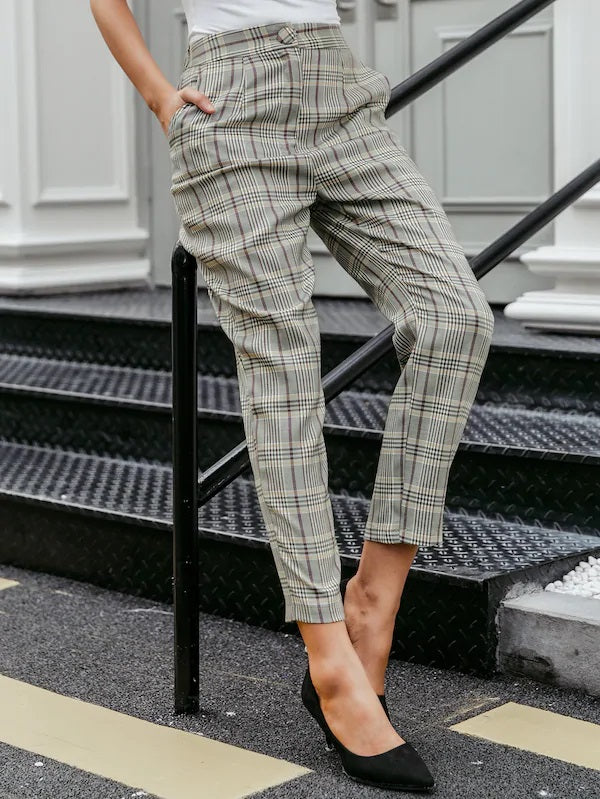 CM-BS715787 Women Elegant Preppy Style Mid Waist Plaid Print Tailored Cropped Pants