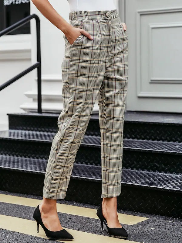 CM-BS715787 Women Elegant Preppy Style Mid Waist Plaid Print Tailored Cropped Pants