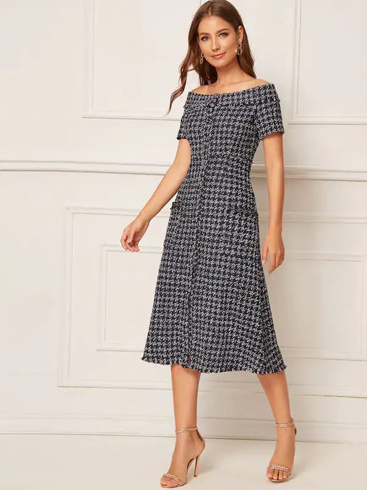 CM-DS715693 Women Elegant European Style Button Through Off-Shoulder Plaid Dress - Black