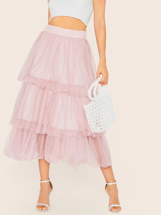 CM-BS625029 Women Casual Seoul Style Wide Waistband Tiered Layered Mesh Skirt - Pink