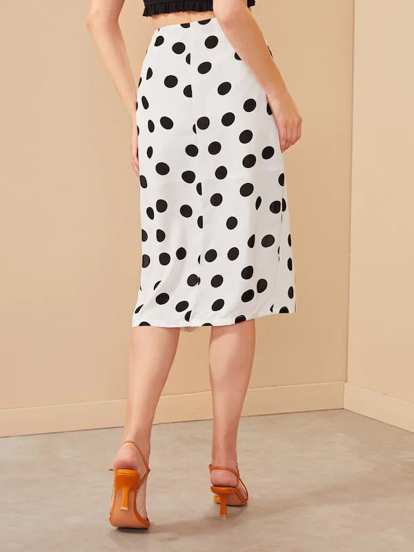 CM-BS625649 Women Trendy Seoul Style Polka Dot Split Hem Wrap Belted Skirt - White