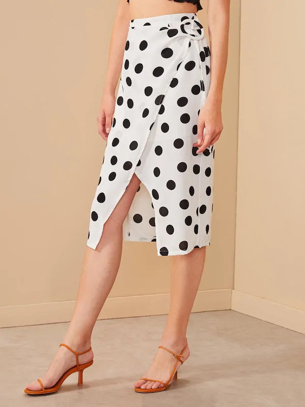 CM-BS625649 Women Trendy Seoul Style Polka Dot Split Hem Wrap Belted Skirt - White