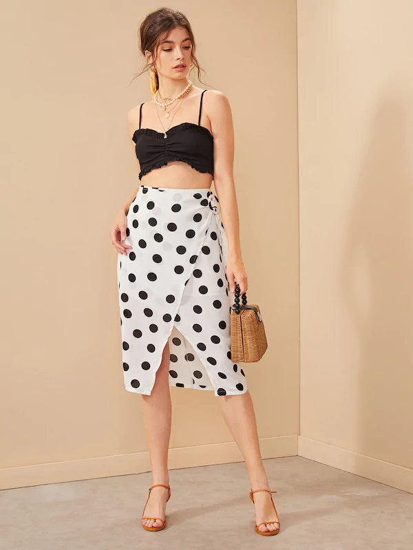 CM-BS625649 Women Trendy Seoul Style Polka Dot Split Hem Wrap Belted Skirt - White