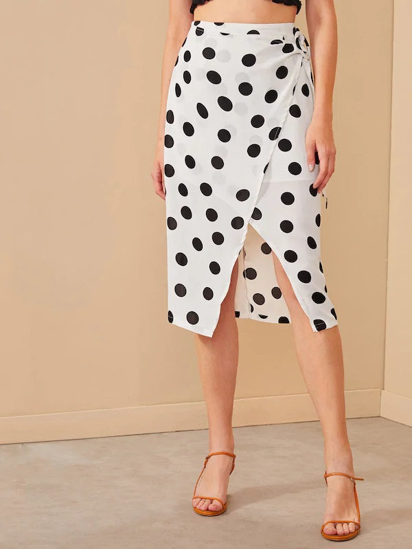 CM-BS625649 Women Trendy Seoul Style Polka Dot Split Hem Wrap Belted Skirt - White