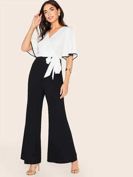 CM-JS626324 Women Casual Seoul Style Half Sleeve Binding Tie Side Flare Leg Jumpsuit
