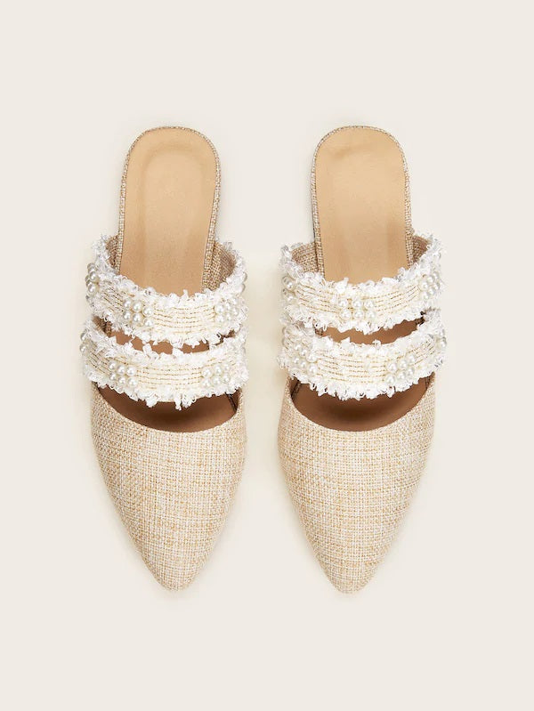 CM-SHS715160 Women Casual Seoul Style Point Toe Faux Pearl Decor Flat Mules - Beige