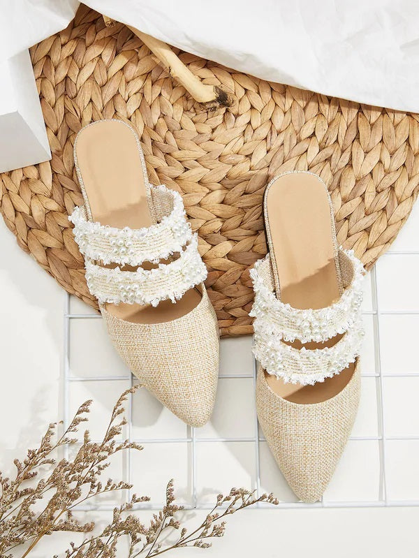 CM-SHS715160 Women Casual Seoul Style Point Toe Faux Pearl Decor Flat Mules - Beige