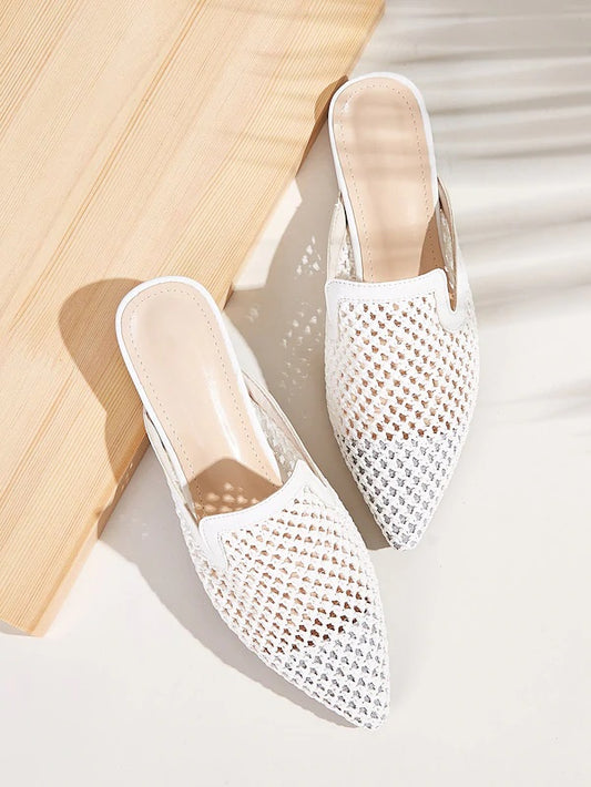 CM-SHS715529 Women Casual Seoul Style Point Toe Braided Detail Flat Mules - White