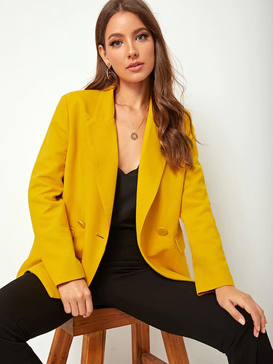 CM-CS716622 Women Elegant Seoul Style Long Sleeve Solid Double Breasted Notched Blazer - Yellow