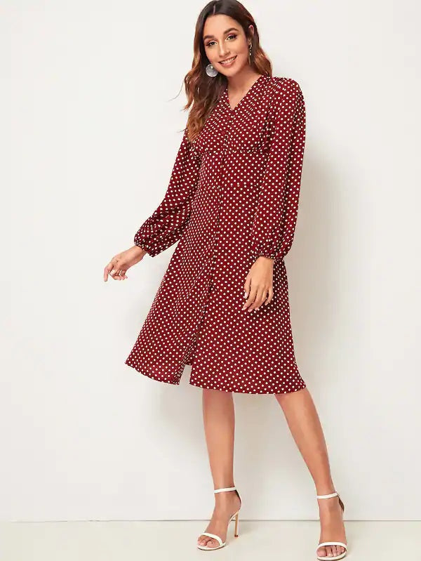 CM-DS716058 Women Trendy Seoul Style Polka Dot Button Front Shirred Back Tea Dress - Wine Red