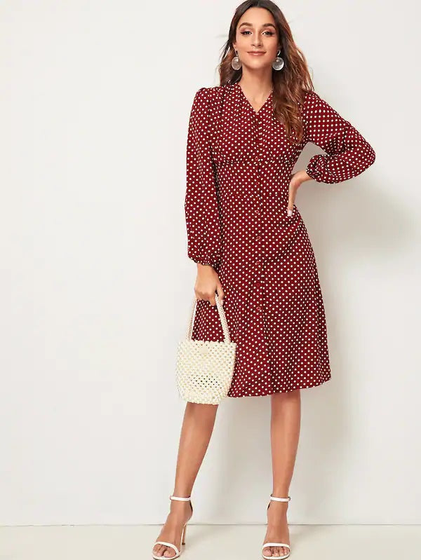 CM-DS716058 Women Trendy Seoul Style Polka Dot Button Front Shirred Back Tea Dress - Wine Red