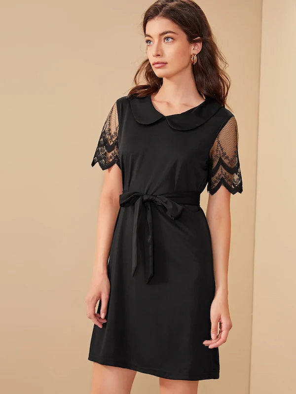 CM-DS716153 Women Casual Seoul Style Short Sleeve Lace Peter Pan Collar Belted Dress - Black