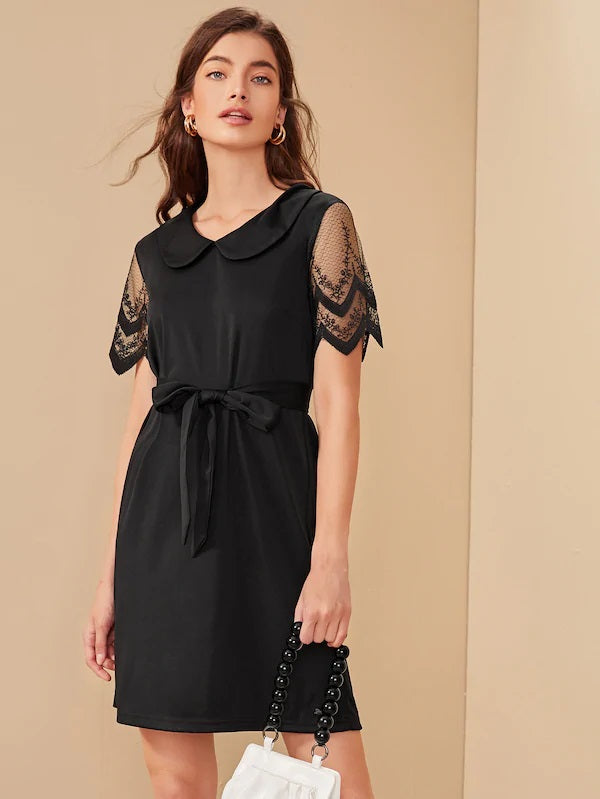 CM-DS716153 Women Casual Seoul Style Short Sleeve Lace Peter Pan Collar Belted Dress - Black
