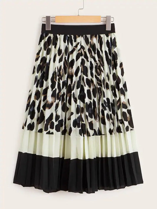 CM-BS716394 Women Casual Seoul Style High Waist Cut And Sew Leopard Print Pleated Skirt