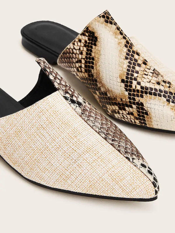 CM-SHS716664 Women Elegant Seoul Style Point Toe Snakeskin Flat Mules