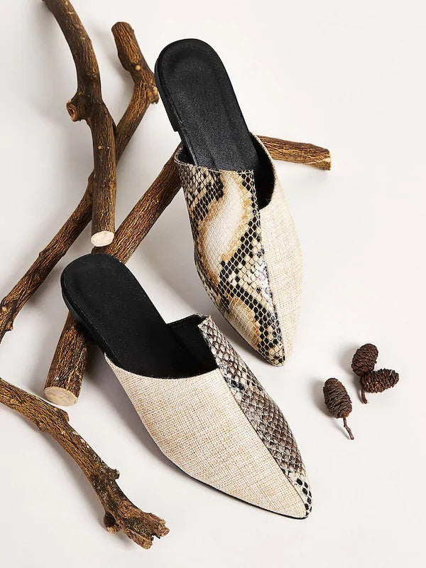 CM-SHS716664 Women Elegant Seoul Style Point Toe Snakeskin Flat Mules