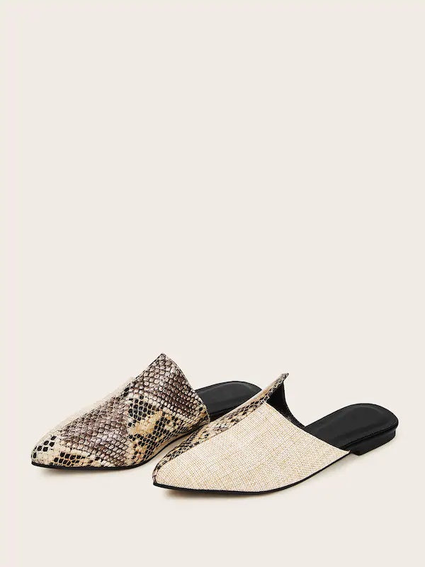 CM-SHS716664 Women Elegant Seoul Style Point Toe Snakeskin Flat Mules