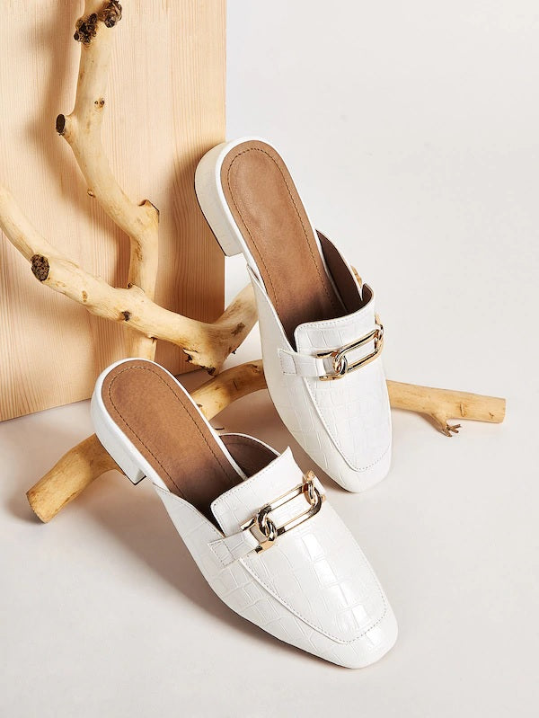 CM-SHS716376 Women Elegant Seoul Style Metal Decor Croc Embossed Flat Mules - White