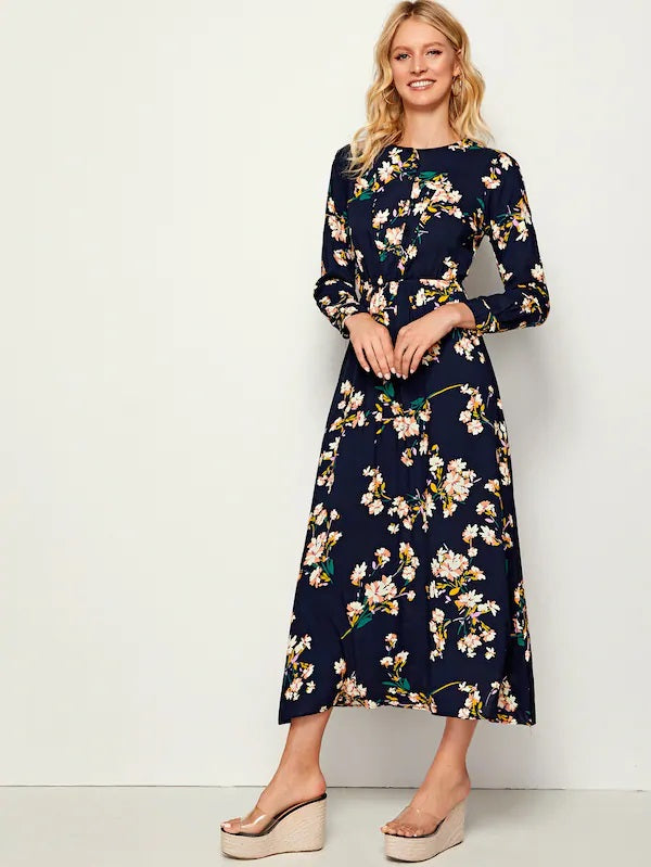 CM-DS717616 Women Casual Seoul Style Floral Print Elastic Waist Long Sleeve Maxi Dress - Navy Blue