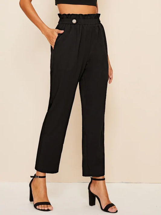 CM-BS718223 Women Casual Seoul Style High Waist Double Button Paperbag Waist Pants - Black