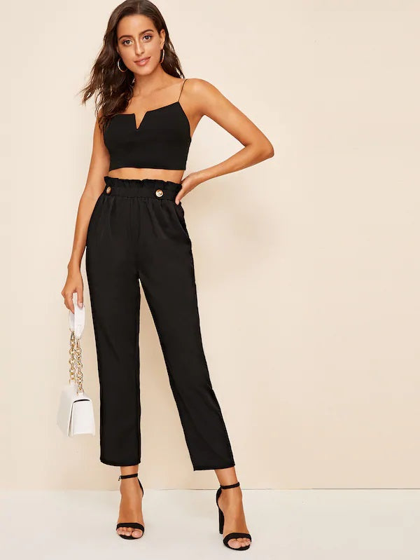 CM-BS718223 Women Casual Seoul Style High Waist Double Button Paperbag Waist Pants - Black