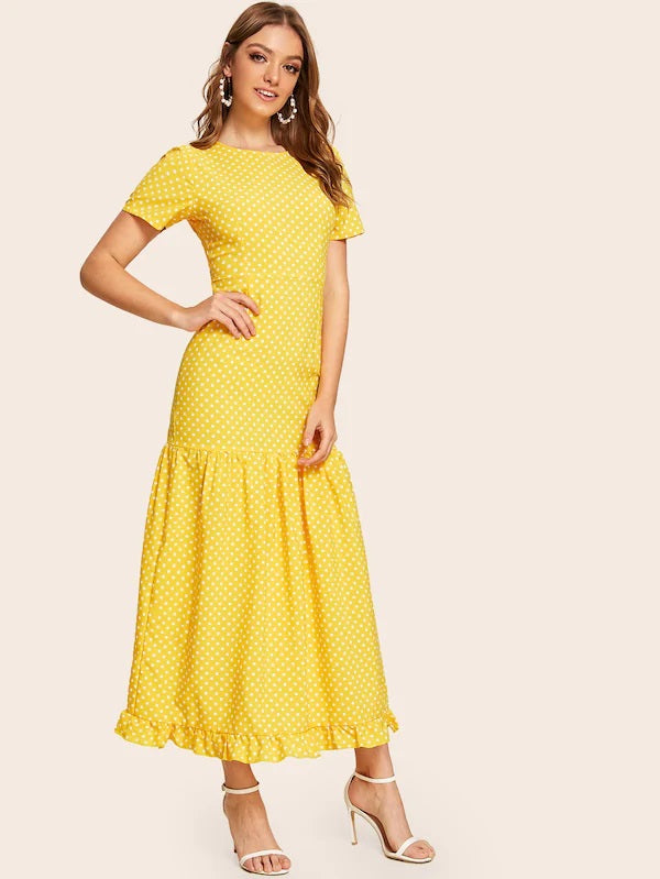 CM-DS718436 Women Casual Seoul Style Short Sleeve Polka Dot Frill Hem Maxi Dress - Yellow