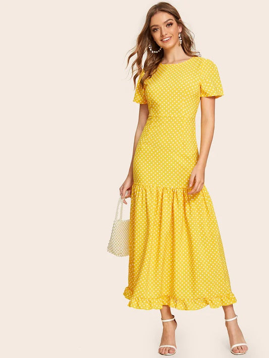CM-DS718436 Women Casual Seoul Style Short Sleeve Polka Dot Frill Hem Maxi Dress - Yellow