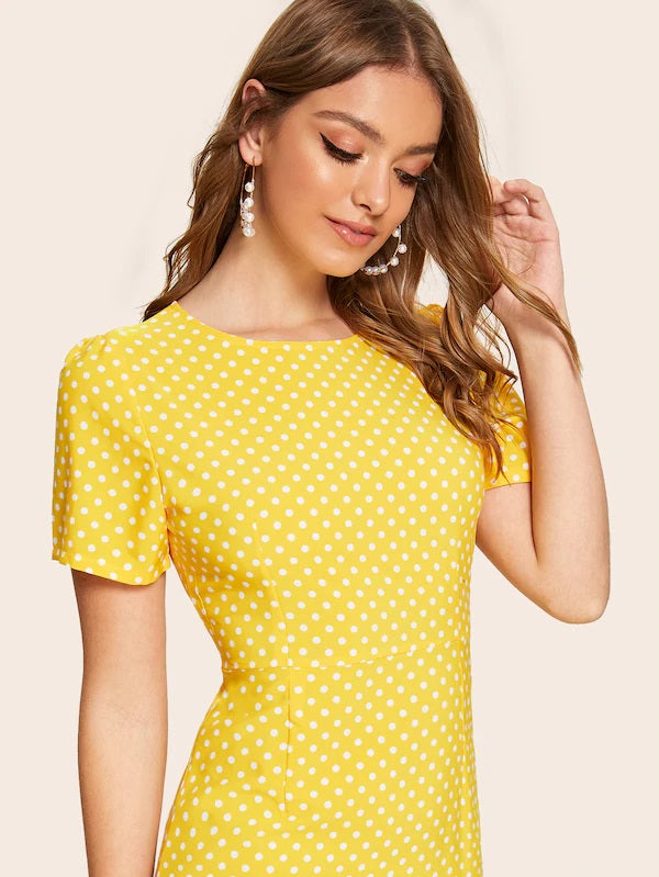 CM-DS718436 Women Casual Seoul Style Short Sleeve Polka Dot Frill Hem Maxi Dress - Yellow