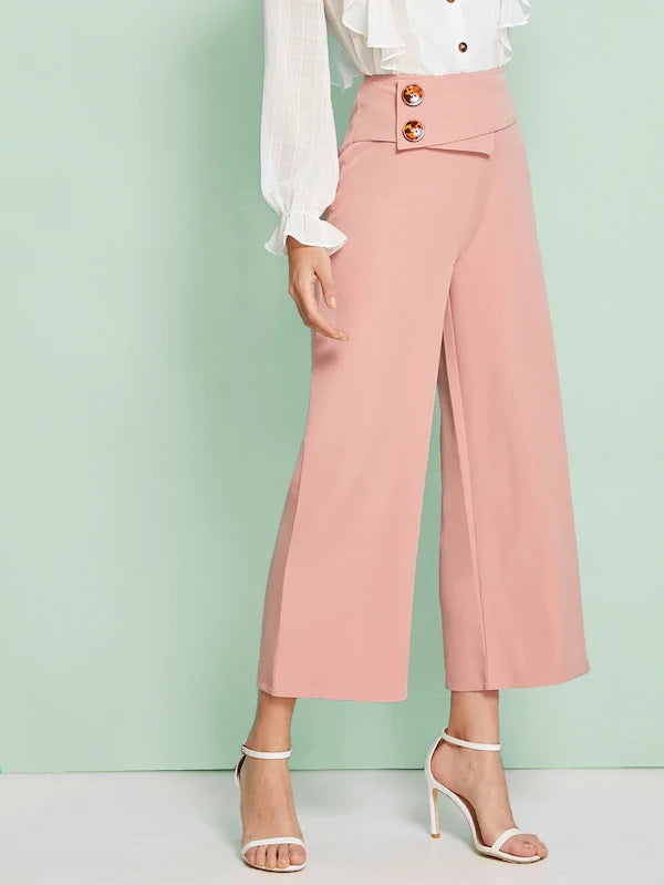 CM-BS718626 Women Casual Seoul Style High Waist Button Detail Wide Leg Pants - Pink